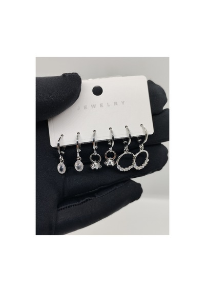 6lı Çelik Küpe Yuvarlak Taşlı Silver