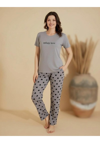 Boyraz Slim Fit Dar Kesim Kadın Milan Bisiklet Yaka Kısa Kol Pijama Takımı 11026g - 1 Adet Gri Boyraz Slim Fit Dar Kesim Kadın Milan Bisiklet Yaka Kısa Kol Pijama Takımı 11026g - 1 Adet Gri