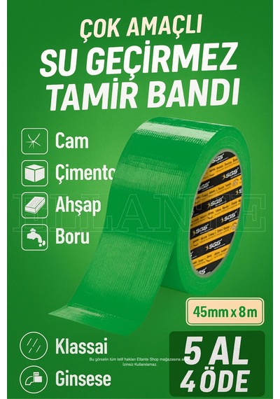 Çok Amaçlı Su Geçirmez Sızdırmaz Dayanıklı Izolasyon Yeşil Tamir Bandı 48 Mm 10 Mt 1 Adet Güçlü