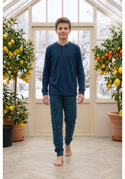 Tarık Erkek Çocuk Pijama Takımı Uzun Kol Kışlık İnterlok Lacivert