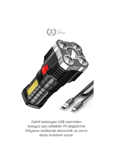 Elfeneri El Feneri Ultra Parlak Cob Led Multi Usb Şarjlı 4 Modlu Şarj Göstergeli Kamp Piknik Işılda Çok Renkli