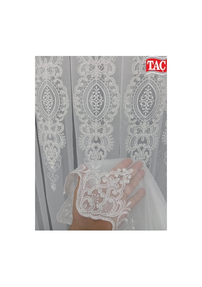 Nakışlı Kort Damask Salon Model Tarz Tasarım Safron Exculusive 3 Kat Pileli Tül Perde Safron