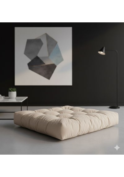 Rual Kadife Döşemelik Kumaştan Yer Pufu Sandalye Minderi Yer Minderi 60x60 Cm Krem