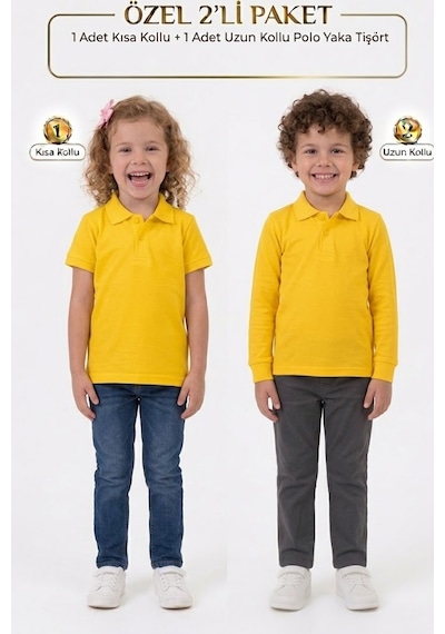 Nacar Store Unisex Çocuk Uzun Ve Kısa Kollu Polo Yaka Okul Tişörtü 2'li Set Orta Koyu Sarı