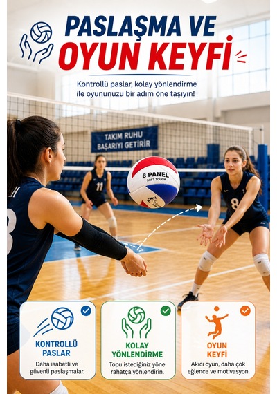 Voleybol Topu 5 No Kırmızı Mavi Soft Touch 8 Panel Dikişli Antrenman Okul Ve Oyun Topu