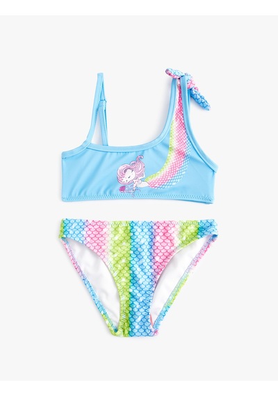 Koton Bikini Takımı Deniz Kızı Baskılı Tek Omuz İnce Askı Detaylı Mavi 4skg00010mm Mavi