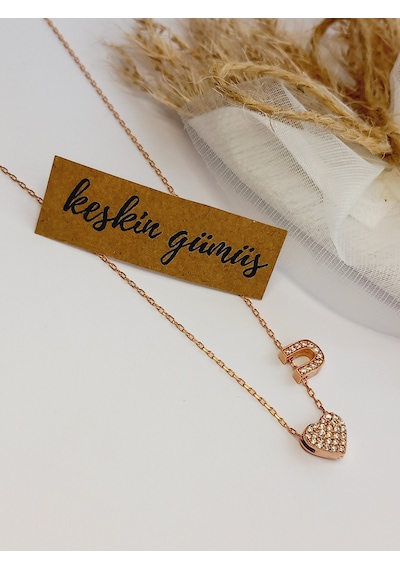 Keskin Gümüş Gümüş Zirkon Taşlı Gold Kalp Kadın U Harf Trend Kadın Kolye