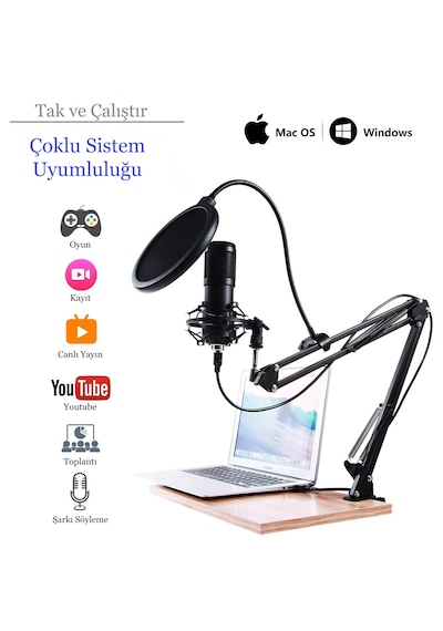 Profesyonel Kondansatör Mikrofon Seti Ayarlanabilir Stand Usb Pc Bağlantılı Youtube Karaoke Podcast