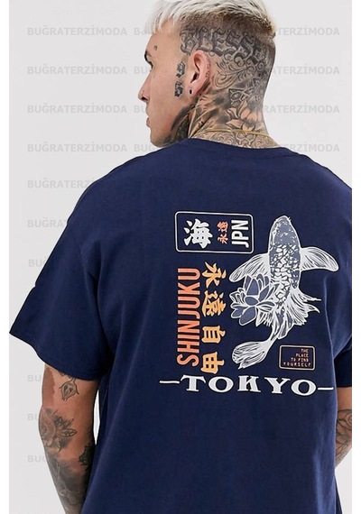 Noıssey Buğraterzimoda Tokyo Sırt Baskılı Unisex Oversize Bol Kalıp Lacivert T-shirt Bttkyy5648