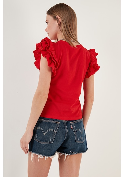 Lela Pamuklu Kolları Fırfırlı Slim Fit Bisiklet Yaka Bayan T Shirt 5864500 Kırmızı Lela Pamuklu Kolları Fırfırlı Slim Fit Bisiklet Yaka Bayan T Shirt 5864500 Kırmızı