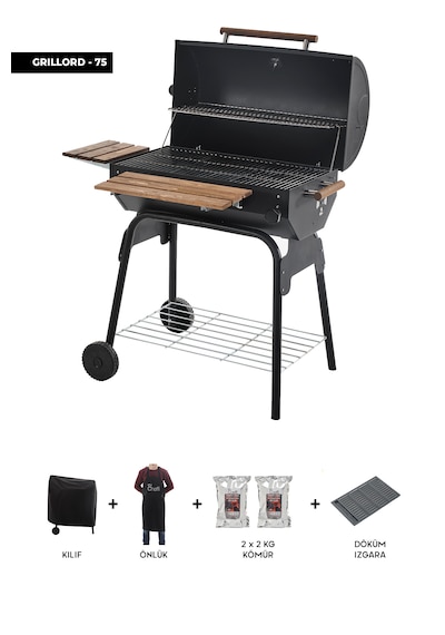 Grillord 75 Kömürlü Barbekü 1 Adet Döküm Izgaralı + Hediye Seti Önlük + Kılıf + 2 2 Kg Kömür Gümüş - Siyah