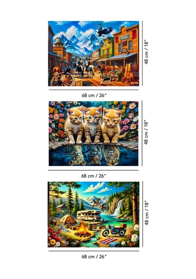 3 Adet 1000 Parça Puzzle - Kamp Ateşi, Aslan Kral Kedi Ve Vahşi Batı Kasabası Yapboz 68x48 Cm