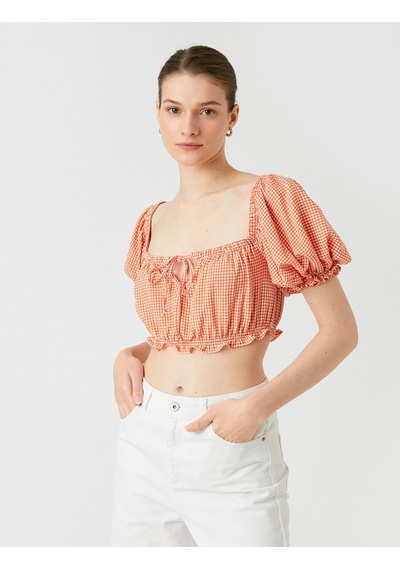 Koton Crop Bluz Kare Yaka Balon Kollu Turuncu Ekose 2sak60189ew 2SAK60189EW2C0 Turuncu