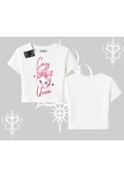 Tarzsokak Cozy Queen Kedi Baskılı Babby Tee Tshirt Beyaz
