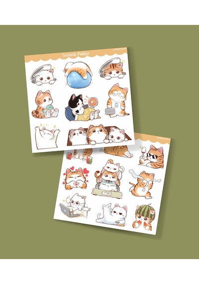 Sevimli Kedi Etiketleri 2 Li - Sevimli Sticker -kawai Cat -telefon Süslemeleri Kedi Çıkartmaları -mat Kağıt- Turuncu