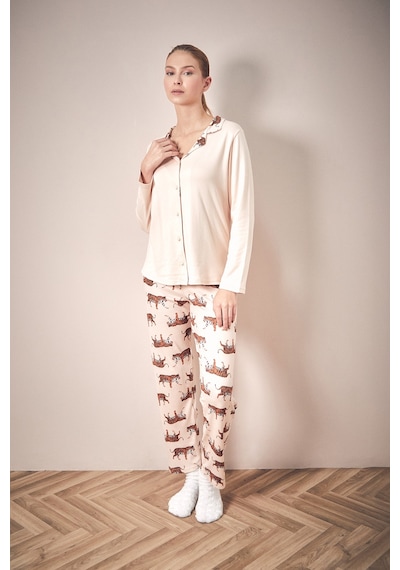 Fullamoda Kaplan Desenli Gömlek Yaka 2 Li Pijama Takımı 24mıcg631216521-bej Bej Fullamoda Kaplan Desenli Gömlek Yaka 2 Li Pijama Takımı 24mıcg631216521-bej Bej