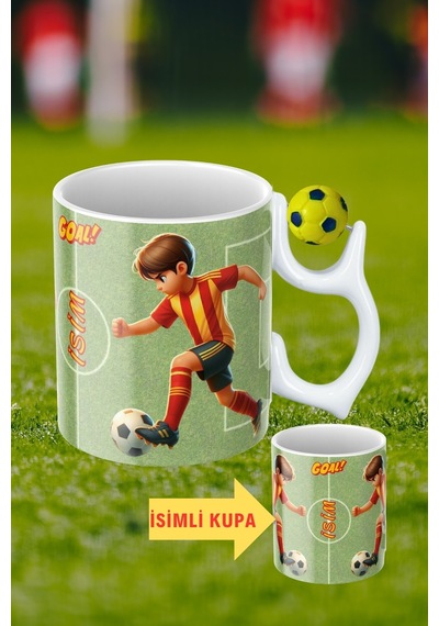 Sarı Lacivert Futbol Toplu Sarı Kırmızı Forma Oyunculu Taraftar İsimli Baskılı Kupa Bardak Beyaz