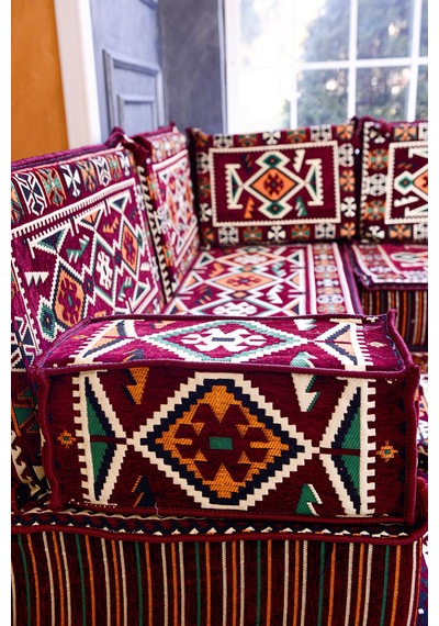 Otantik Şark Köşesi Takımı Bordo Anadolu 18 Parça 20 Cm Süngerli Kilim Ve Puf Dahil Sedir Seti