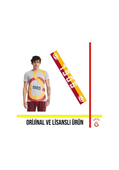 Galatasaray Lisanslı Büyük Logolu Gri T-shirt Ve 1905 Yazılı Atkı Gri