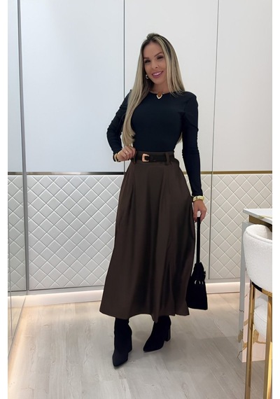 Moderie Butik Kadın Yüksek Belli Maxi Deri Kemersiz Etek Kahve
