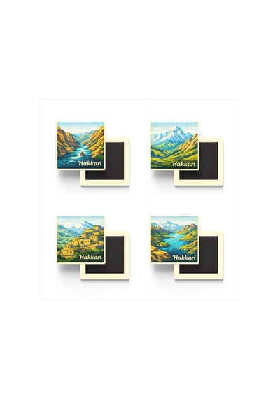 Hakkari - 4'lü Memleket Seti - Baskılı Buzdolap Magneti Kare - 9x9 Cm - 4 Adet