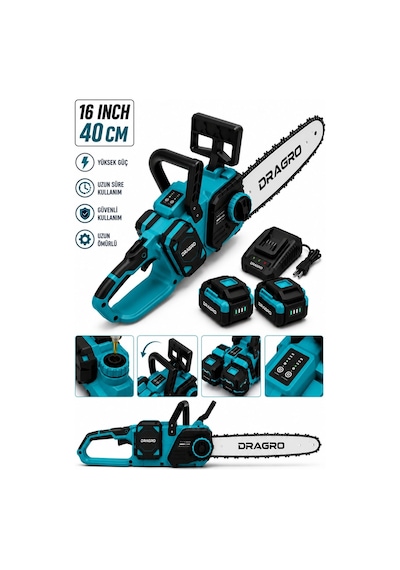 Dragro Drg-40v Profesyonel Kömürsüz 40v Akülü Zincirli Testere Çift Bataryalı 40cm Pala Yüksek Güç Ağaç Kesim