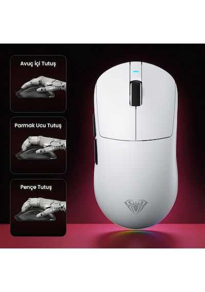 Aula V9 Pro 26000 Dpı Paw3395 Sensör 8000hz Tri-mode Kablosuz Oyuncu Mouse Rgb Omron Switch Lightweight E-spor Gaming Mouse Beyaz