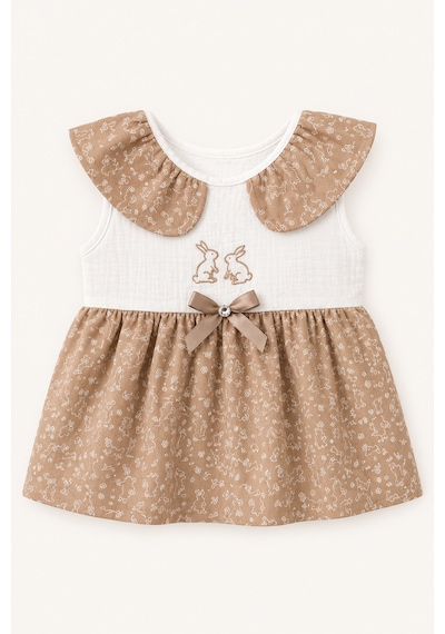 Babyhola Kız Bebek Müslin Sıfır Kol Yazlık Elbise 15234 Kahverengi