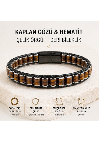 Premium Kaplan Gözü & Hematit Erkek Bileklik Çelik Kilitli Şık Deri Örgü Tasarım Kahverengi