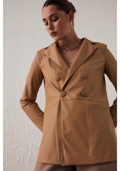 Sateen Düğme Detaylı Kruvaze Deri Ceket - Bej
