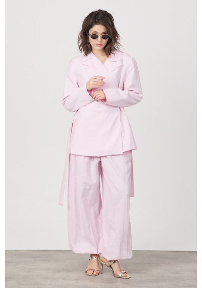 Diemmood Kadın Pile Ve Kemer Detaylı Pantolon Lastikli Pembe Oversize Takım