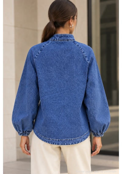 Polo State Kadın Hakim Yaka Raglan Kollu Düğmeli Denim Ceket - Mavi