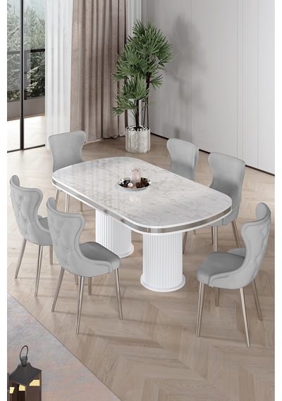Canisa Galya Serisi Lak Panel 90x168 Sabit Beyaz Mermer Desen Mutfak Masa Takımı 6 Gri Sandalye Beyaz Mermer Desen Masa Gri Sandalye Krom Ayak Canisa Galya Serisi Lak Panel 90x168 Sabit Beyaz Mermer Desen Mutfak Masa Takımı 6 Gri Sandalye Beyaz Mermer Desen Masa Gri Sandalye Krom Ayak