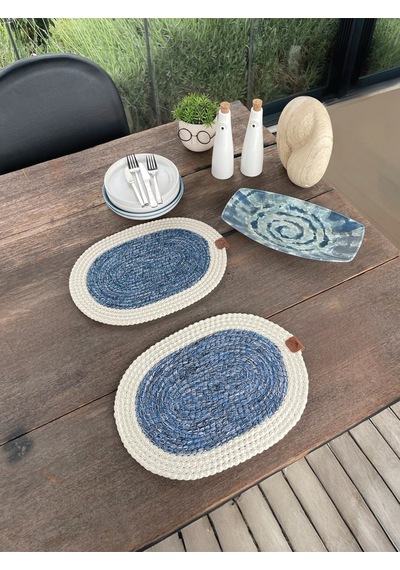 Bohem Tarz 2 Li Doğal İp Amerikan Servis Hasır Görünümlü, Leke Tutmaz, Beyaz-mavi 40x28 Cm Mavi/beyaz