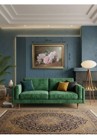 Gold Çerçeveli Vintage Natürmort Dekoratif Tablo - Pembe Çiçekler - 80x60 Cm