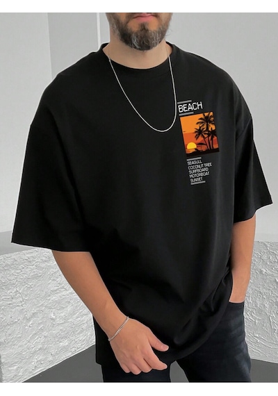 T-shirt - Beach Baskılı Oversize Bisiklet Yaka Kısa Kol Tişört Siyah