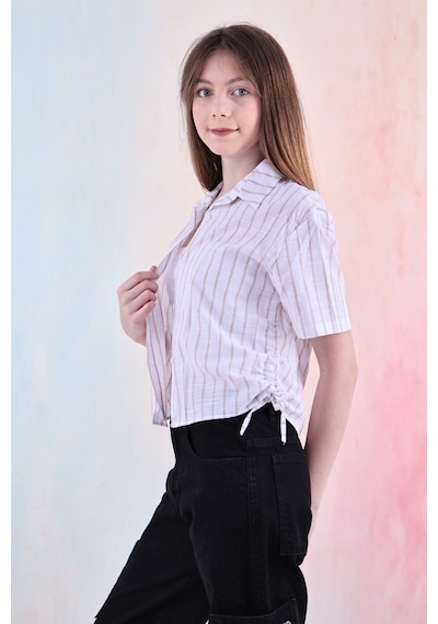 Kız Çocuk Büzgü Detaylı-çizgi Desenli Crop Gömlek 6-14 Yaş 12251 Açık Kahve