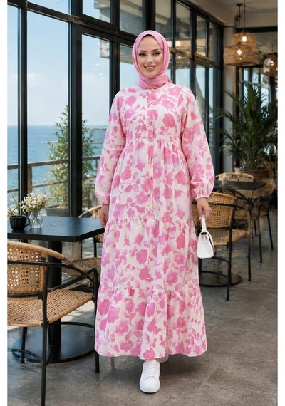Hb Harma Time Butik Kadın Düğmeli Desenli Modal Kumaş Pembe Elbise Pembe Pembe