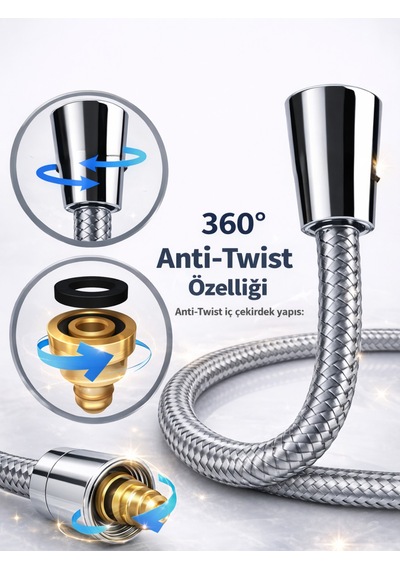 150 Cm Çelik Örgülü Duş Hortumu 1/2 Bağlantı 360 Kırılmaz Paslanmaz Gri