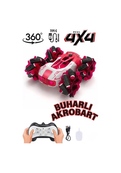 Uzaktan Kumandalı Şarjlı Buharlı Akrobat Araba 360 Derece Dönen Işıklı Müzikli 4x4 Drift Kırmızı