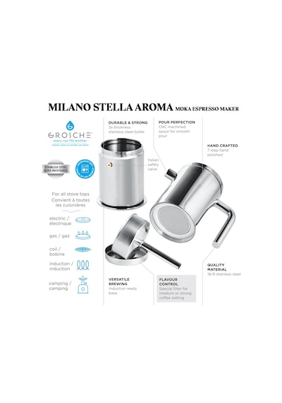 Grosche Milano Stella Aroma Çelik Moka Pot Gümüş 4 Cup