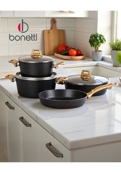 Bonetti 7 Parça Granit Tencere Seti Yapışmaz, Çizilmez, Kolay Temizlik Cam Kapaklı Tencere Takımı Siyah