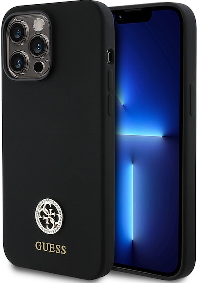 Apple Uyumlu iPhone 14 Pro Max Kılıf Guess Lisanslı Yazı Ve Taşlı 4g Logolu Silikon Kapak Siyah