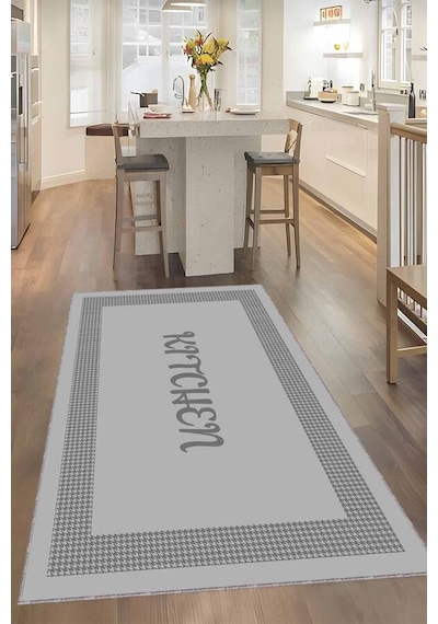 Gri Kaymaz Tabanlı Kitchen Yazan Mutfak Halısı Yolluk Vh106n11