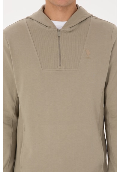U.S. Polo Assn. Erkek Regular Fit Yarım Fermuarlı Kapüşonlu Açık Haki Sweatshirt 50316391-VR183