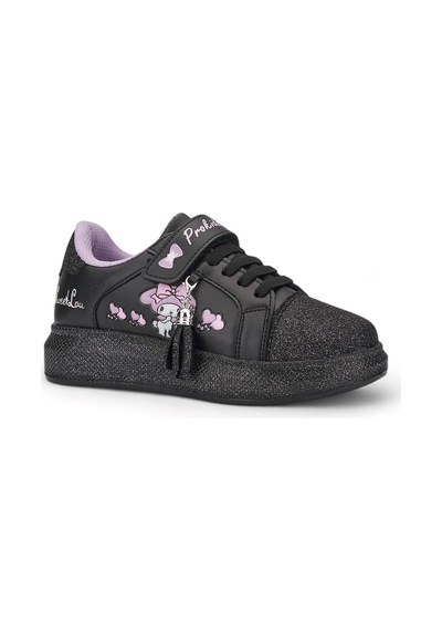 Günlük Kız Çocuk Sneaker Püskül Detaylı Oval Simli Burun Lastik Bağcıklı Cırtlı Spor Ayakkabı 3740 Siyah