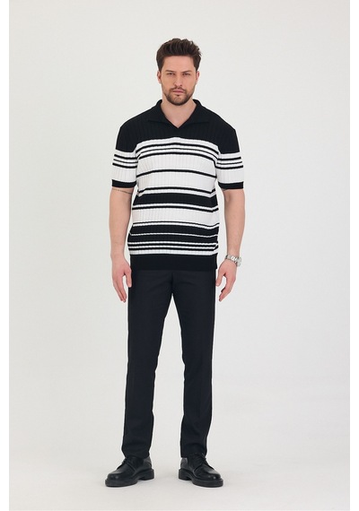 Tarz Cool Erkek Polo Çizgi Detaylı Triko T-shirt Siyah