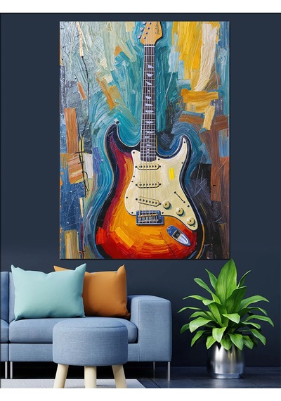 Renkli Klasik Gitar Tablosu Dekoratif Kanvas - Mdf Ahşap Tablo