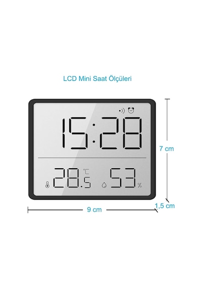 Mıknatıslı Lcd Dijital Ekran 9x7 Cm Pilli Mini Saat Alarm Saat Nem Göstergesi Sıcaklık Ölçer