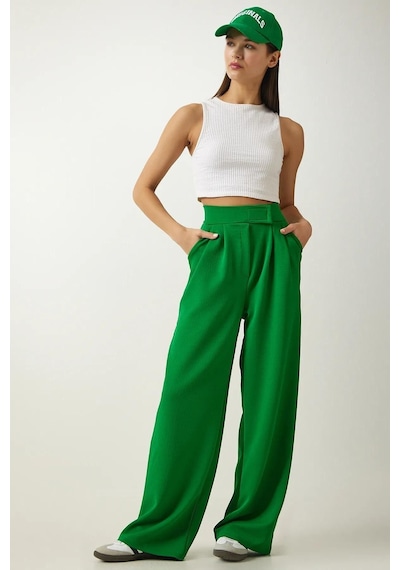 Trend Alisse Kadın Beli Cırt Cırtlı Pileli Bol Paça Palazzo Pantolon Wide Leg Yeşil